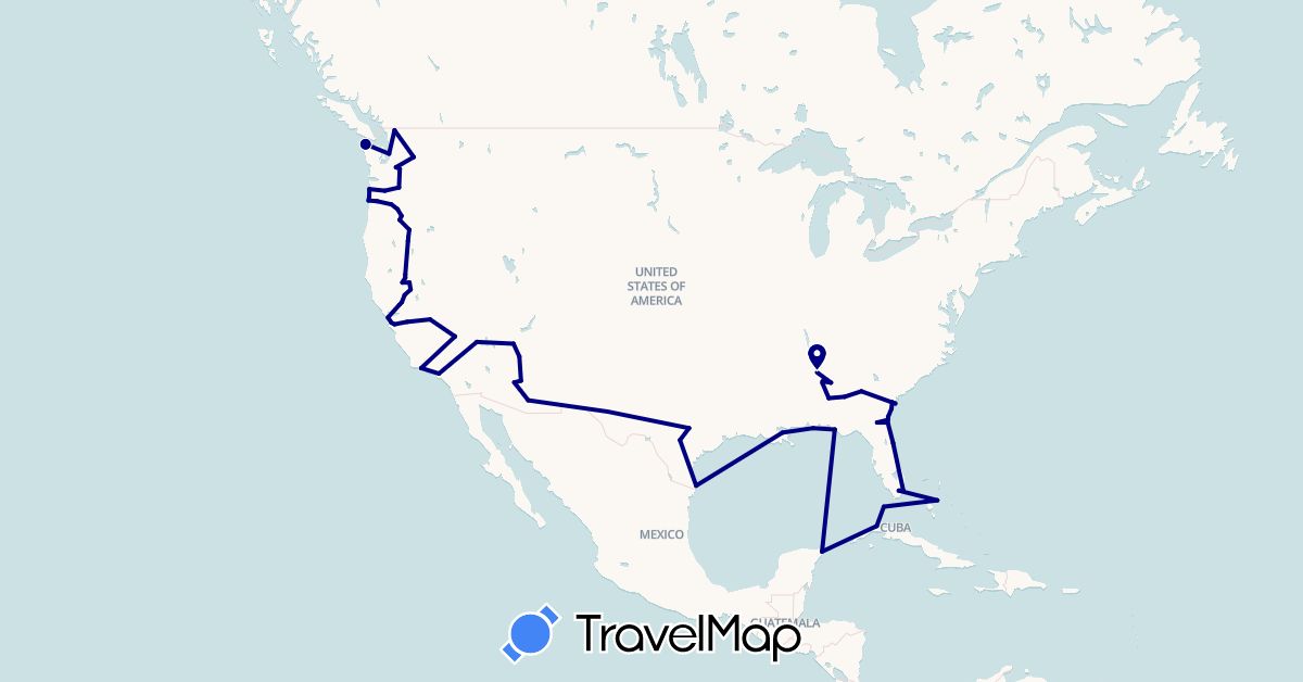 TravelMap itinerary: driving in Bahamas, Cuba, Mexico, United States (North America)